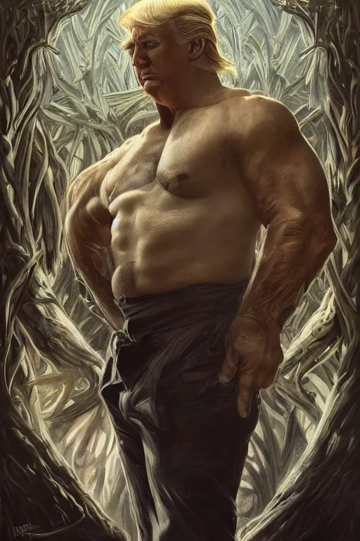 Image similar to portrait of donald trump as a hulking herculean demon, forest, godlike, full body, fantasy, intricate, elegant, highly detailed, digital painting, artstation, concept art, sharp focus, illustration, art by artgerm and greg rutkowski and alphonse mucha