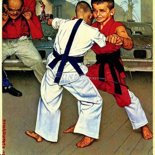 Prompt: benjamin netanyahu karate chopping a kid while wearing karate uniform, by michael cheval and norman rockwell, highly detailed