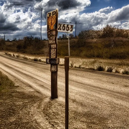 Prompt: old dirt road intersection with wooden signs artstation, digital art, wide shot