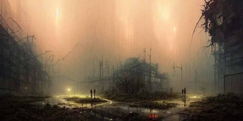 Image similar to ruins of a modern city at dusk, overgrown, cracked roads with weeds, glowing fungus, misty, glowing horizon, fireflies, ultra high definition, ultra detailed, symmetry, sci - fi, dark fantasy, by greg rutkowski and ross tran