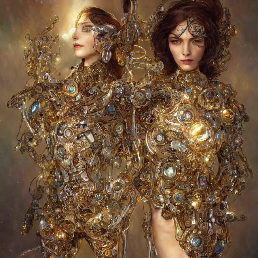 Image similar to organic cyborg, bulgari jewelry design, diffuse lighting, fantasy, intricate, elegant, highly detailed, lifelike, photorealistic, digital painting, artstation, illustration, concept art, smooth, sharp focus, art by john collier and albert aublet and krenz cushart and artem demura and alphonse mucha