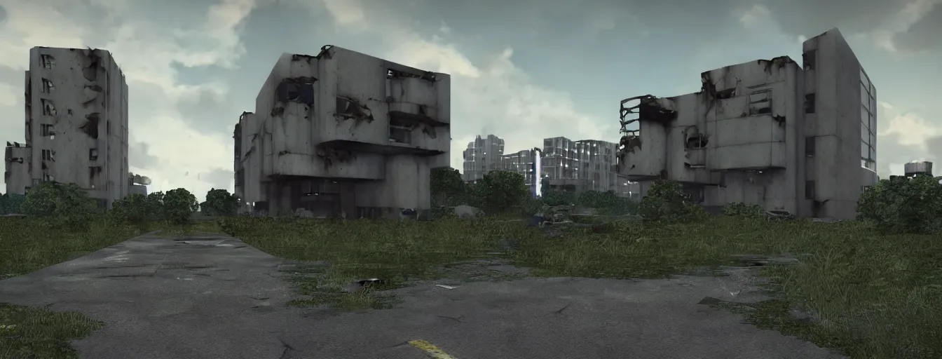 Prompt: a street view of brutalist architecture by Le Corbusier, abandoned derelict buildings, damaged structures, empty streetscapes, surrounded by lush green vegetation, volumetric lighting, sunset, rusted steel, solid concrete, glass, stunning skies, scattered rubbish and debris, 8k, photorealistic, hyper detailed, unreal engine 5, IMAX quality, cinematic, epic lighting, digital painting from DOOM and Quake, in the style of Greg Rutkowski, trending on Artstation