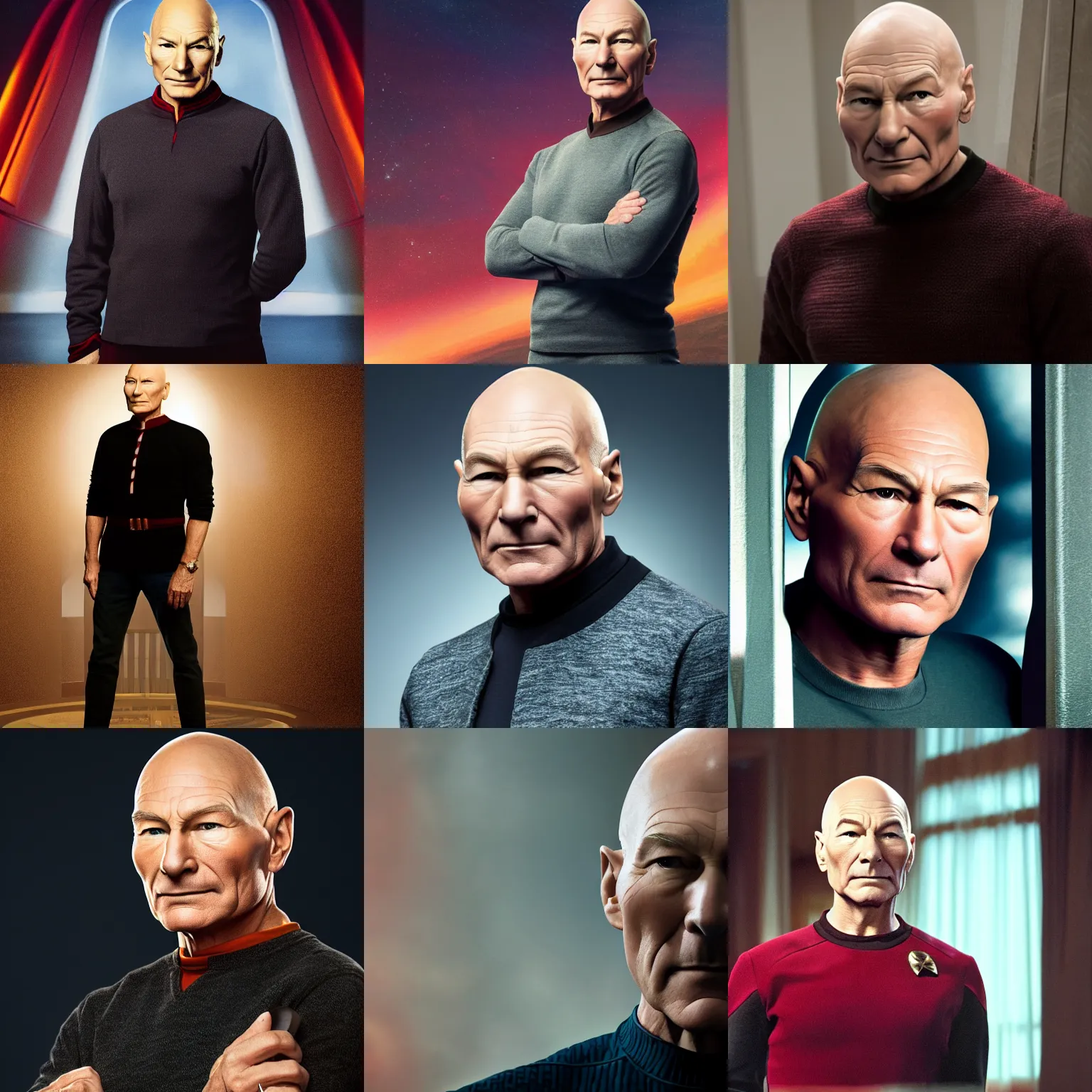 Prompt: official photo portrait of patrick stewart as captain picard, full body, 4 k / 8 k, award - winning, high quality, detailed, intricate