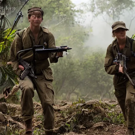 Prompt: elisha cutbert and mary elizabeth winstead as a commandos in a jungle battlefield