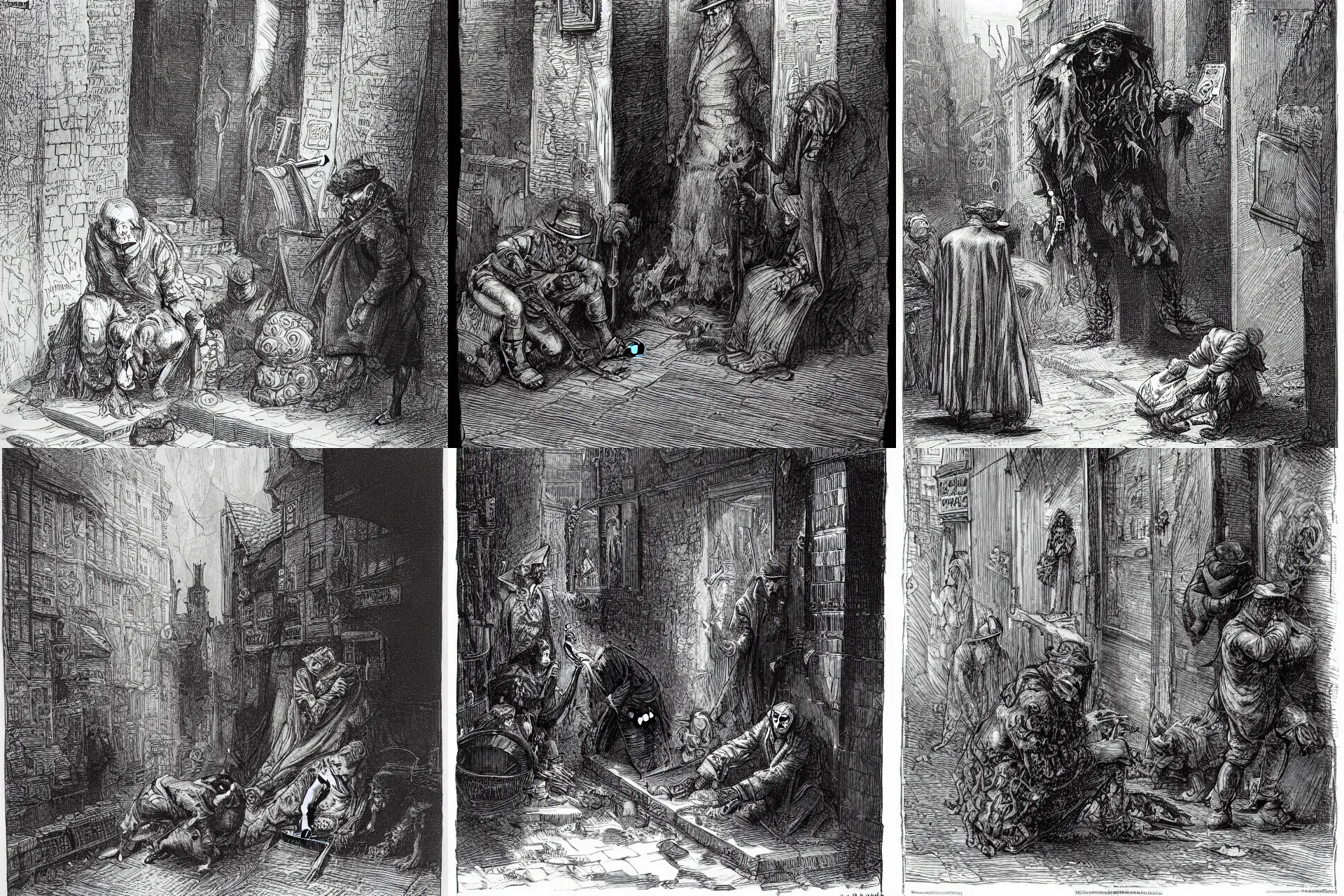 Prompt: a black and white illustration of a mutant beggar on the streets of victorian london by bernie wrightson, ian miller, gustave dore, albrecht durer, storybook illustration, highly detailed, pen and ink on paper