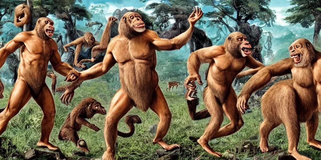 Prompt: Very detailed biological schema showing five missing links in the evolution of ape into man