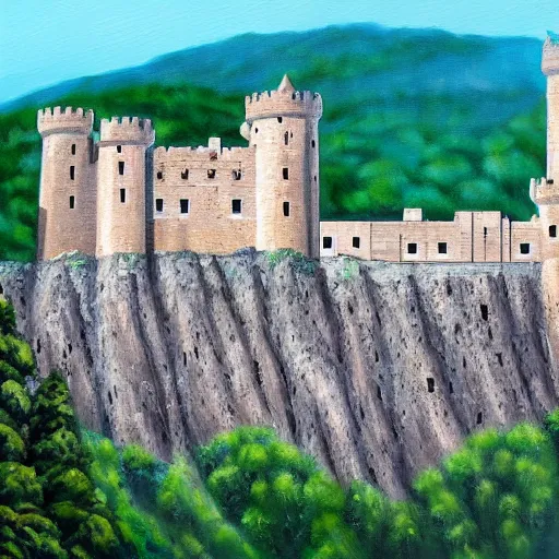 Prompt: a hyper realistic painting of a melting stone spanish castle made of melting bricks on a hill in the mountains and forest on a scorching hot day