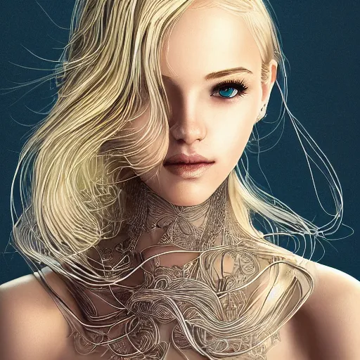 Image similar to a portrait of an incredibly beautiful, graceful, elegant, and sophisticated young blonde girl made of garlic, an ultrafine detailed illustration by james jean, intricate linework, bright colors, final fantasy, behance contest winner, vanitas, angular, altermodern, unreal engine 5 highly rendered, global illumination, radiant light, detailed and intricate environment