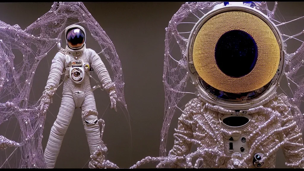 Image similar to a cybernetic symbiosis of a single astronaut eva suit made of pearlescent wearing knitted yarn thread infected with diamond 3d fractal lace iridescent bubble 3d skin covered with stalks of insectoid compound eye camera lenses floats through the living room, film still from the movie directed by Denis Villeneuve with art direction by Salvador Dalí, wide lens,