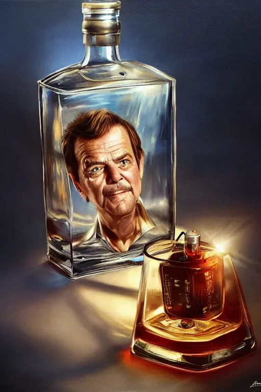 Image similar to a ship in a bottle but instead of a ship a young jack nicholson is in the bottle, jack nicholson, fancy whiskey bottle, masterpiece painting by artgerm and tom bagshaw and greg rutkowski