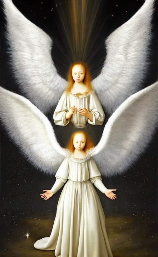 Image similar to highdetailed hyperrealistic painting of white angel!!! no gender!!!, giant ball of miracle light from the chest!!!!!, white sparkles everywhere, 4 k hd fur face!!!, big wings, by jan van eyck, holography space, glow effect, large strokes, white monochrome color!!!!!