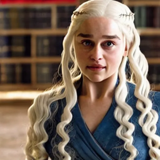 Prompt: Daenerys Targaryen from game of thrones as a teacher in school.