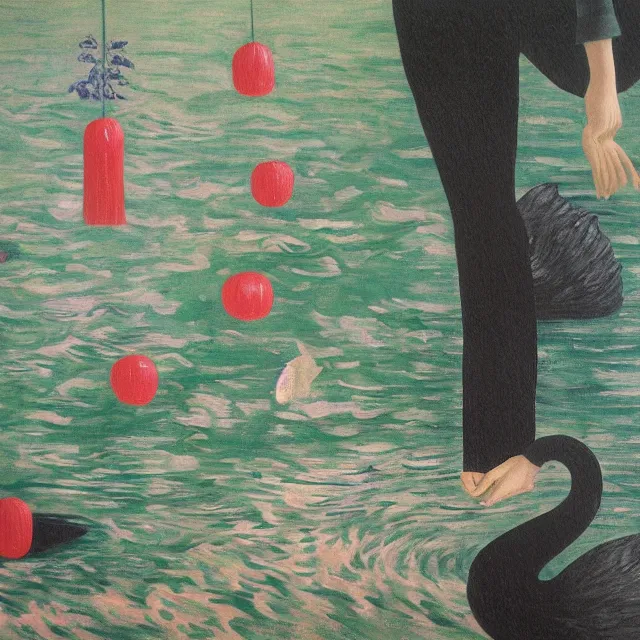 Image similar to painting of flood waters inside an apartment, zen, a tall catgirl art student, a river flooding inside, art supplies, pigs, ikebana, water, river, rapids, waterfall, black swans, canoe, pomegranate, berries dripping, acrylic on canvas, surrealist, by magritte and monet