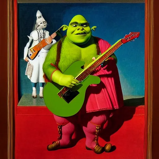 Prompt: Portrait of Jack Black dressed as Shrek, playing Electric Guitar, with beautiful exotic robot. Painting by Jan van Eyck, Audubon, Rene Magritte, Agnes Pelton, Max Ernst, Walton Ford