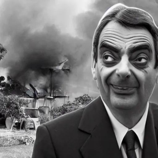 Image similar to a photo of a house burning down in the background and mr. bean with an eerie expression in the foreground, strong depth of field