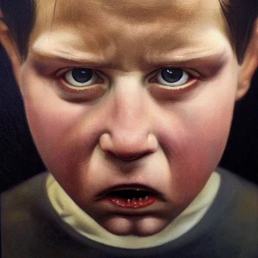 Image similar to high quality high detail painting by gottfried helnwein and juan francisco casas, hd, portrait of a dangerous psychopath, intense demonic look in the eyes, photorealistic lighting