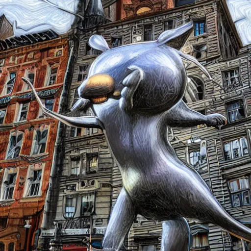 Image similar to giant mouse in the city, photorealistic, highly detailed, sharp focus, vivid, symmetrical, random, convoluted, mind - blowing, creative, fully functional, physics defying, amazing, cool, hdr