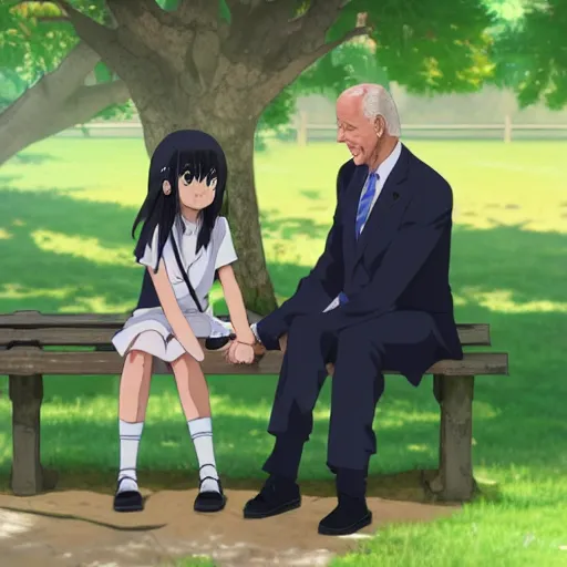 Image similar to photorealistic Joe Biden meets a beautiful smiling anime girl with black hair and hime cut sitting under a tree, anime key visual, digital art, anime screenshot, kyoto animation, makoto shinkai, trending on artstation