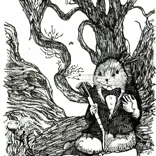 Image similar to a pen and ink drawing of a white rabbit smoking a cigarette while reclining in a deep dark tangled forest, a lingering smoke cloud, childrens book illustration, by edward gorey, by gustav dore