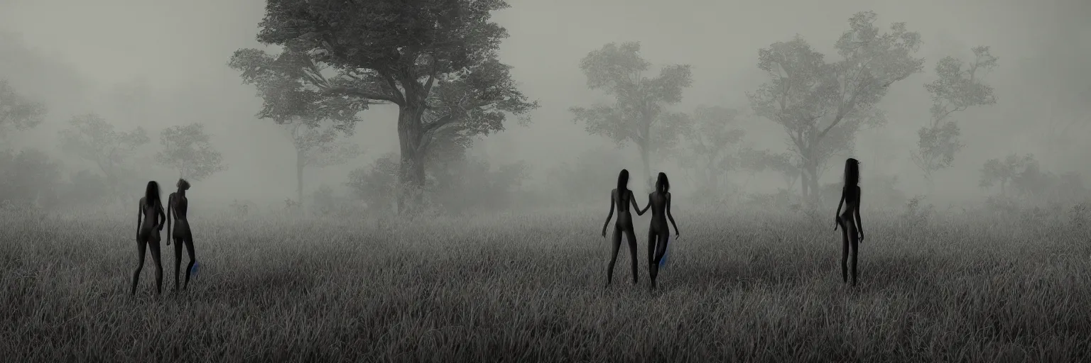 Prompt: epic fantasy render of a two beautiful skinny women in fog, no clothes, long dark hairs, detailed anatomy, woods, mountains, rocks, black and white, highly detailed, cinematic, hyperrealism, dynamic lighting, octane render