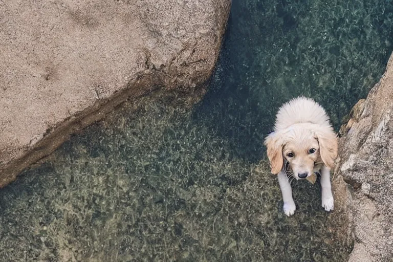 Image similar to an high angle view of a scared puppy that is looking directly down at the water below while standing at the edge