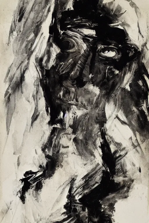 Image similar to menacing portrait of Samuel Beckett emerging from the dark void, figure in the darkness, painted by Eugène Delacroix, John Singer Sargent, Adrian Ghenie, Francis Bacon,