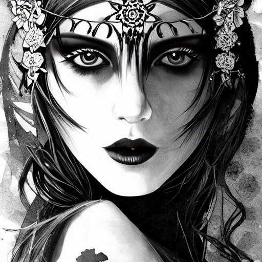 Image similar to beautiful dark goddess, black flower crown, stunning, trending on artstation, symmetrical