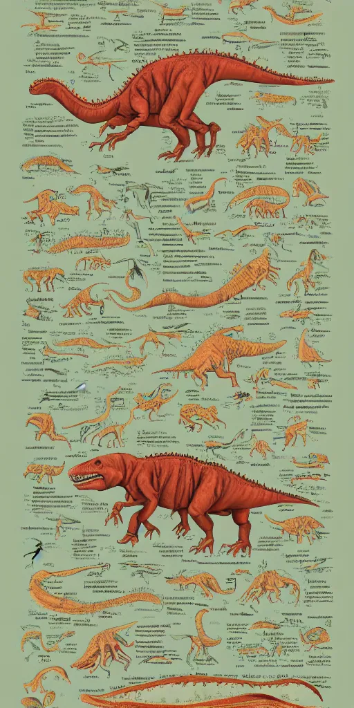 Prompt: anatomy of a dinosaur, diagrams, map, marginalia, sketchbook, old script, inhabited initials, pastel infographic by Wes Anderson and victo ngai