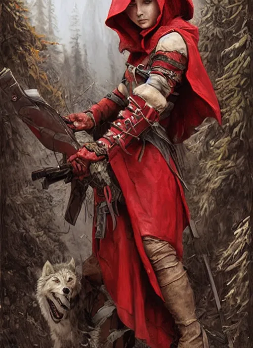 Image similar to digital _ painting _ of _ little red riding hood wolf slayer _ by _ filipe _ pagliuso _ and _ justin _ gerard _ symmetric _ fantasy _ highly _ detailed _ realistic _ intricate _ port