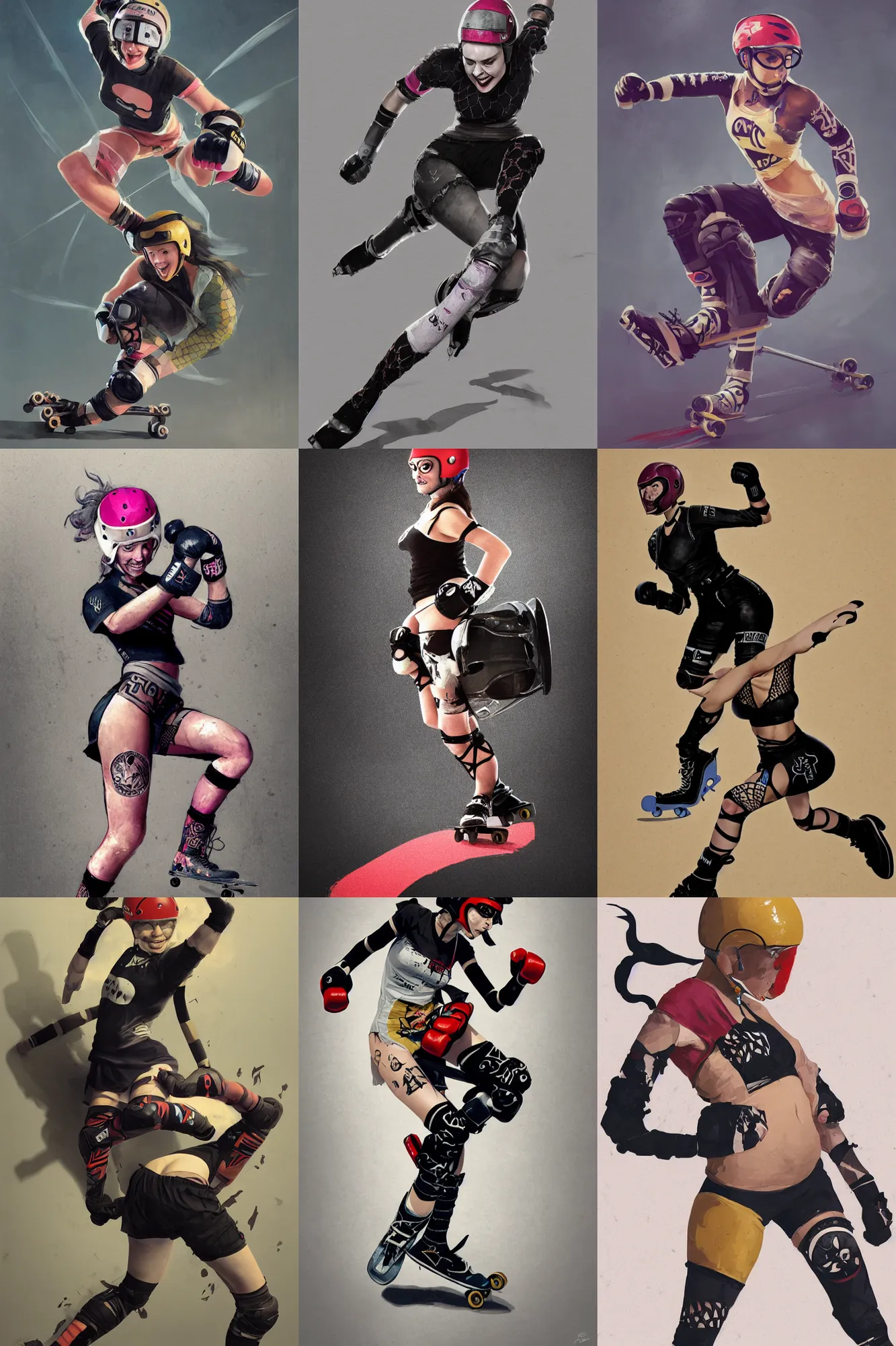 Image similar to logo design, roller derby girl sprinting Cross-Over, wearing skate helmet, knee pads, elbow pads,full length portrait, fishnet tights, torn, ripped, fists in the air, illustration by greg rutkowski