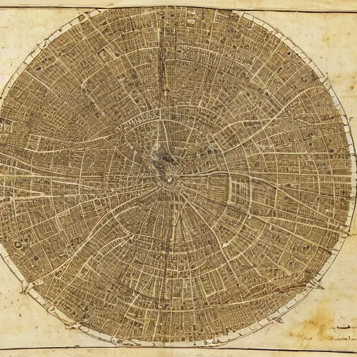 Prompt: map of circular city Baghdad at Abbasid caliphate age by lenardo da Vinci