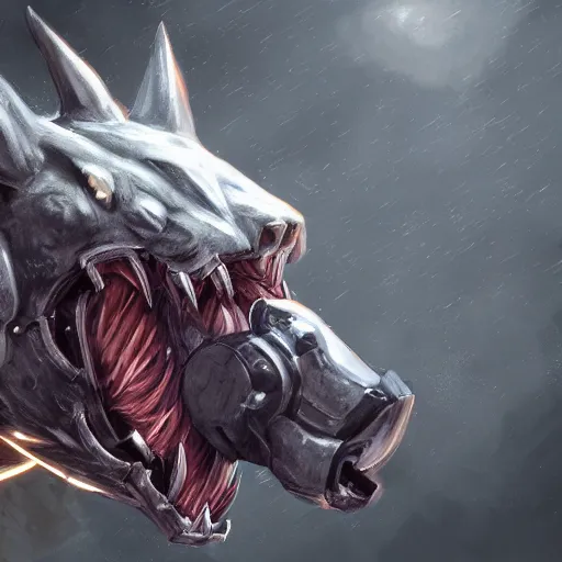 Image similar to cinematic shot, vorestation borg hound, medical mecha canine, taller than man, sharp armor, detailed maw, mawshot, visor eyes, detailed, furry art, digital art, furaffinity, deviantart, sofurry