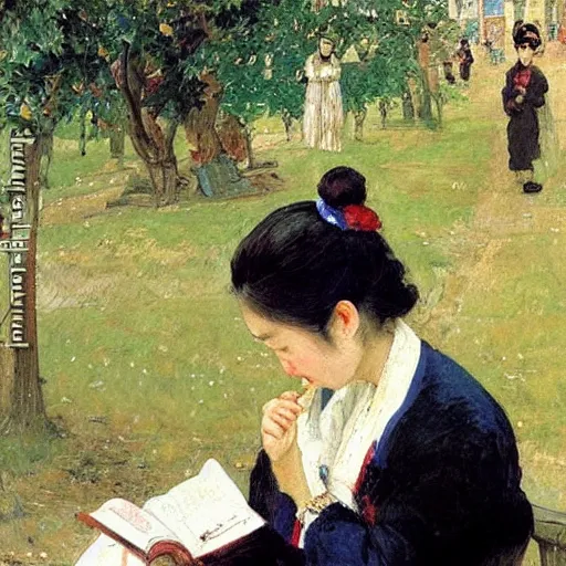 Image similar to portrait of asian beautiful woman reading from smartphone masterpiece painting by vasnetsov and surikov, JEAN-VICTOR BERTIN, by Terence Cuneo, detailed, t artfully traced