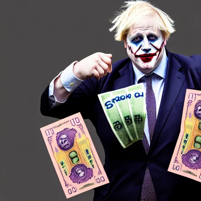 Image similar to photo of boris johnson dressed like satan and the joker holding bundles of cash, highly detailed, 4 k, hdr, smooth, sharp focus, high resolution, award - winning photo