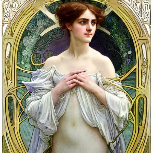 Image similar to a detailed, intricate art nouveau portrait painting of a girl who resembles 1 8 - year - old saoirse ronan and emma watson in a white satin gown, by alphonse mucha, donato giancola, and john william waterhouse