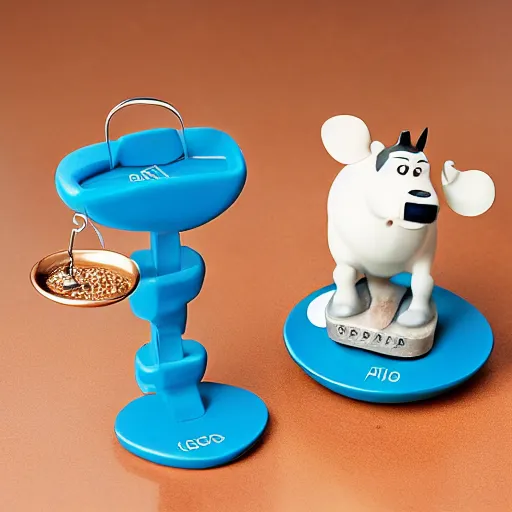 Image similar to set of balance scales with weights, weighing pixar cow figurine and pixar cat figurine in dish