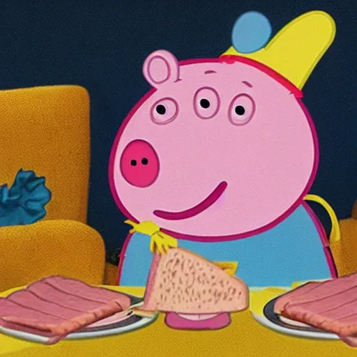 Image similar to Pope Peppa Pig eating a ham sandwich colorized archival footage