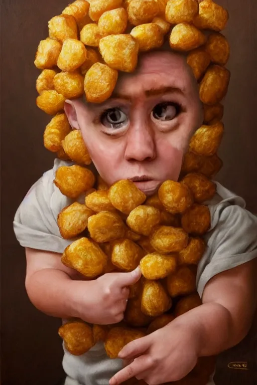 Image similar to channing tatum in a tater tot costume, oil on canvas, intricate, 8 k highly professionally detailed, hdr, cgsociety