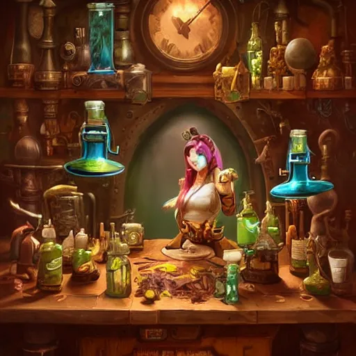 Image similar to a beautiful stunning interesting photorealistic digital magic the gathering world of warcraft fantasy illustration of a corgi wearing steampunk safety goggles and a white apron while mixing potions, in a potion shoppe, colorful bottles and plants, awesome and moody, by marc simonetti