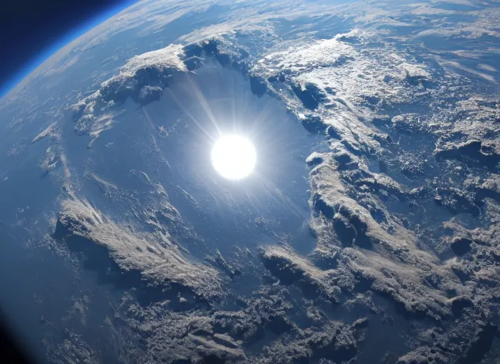 Image similar to nasa satellite still of a flat disc shaped earth that is flat and shaped like a flat disc with mountains peaking out of the clouds, lens flares, 8 k