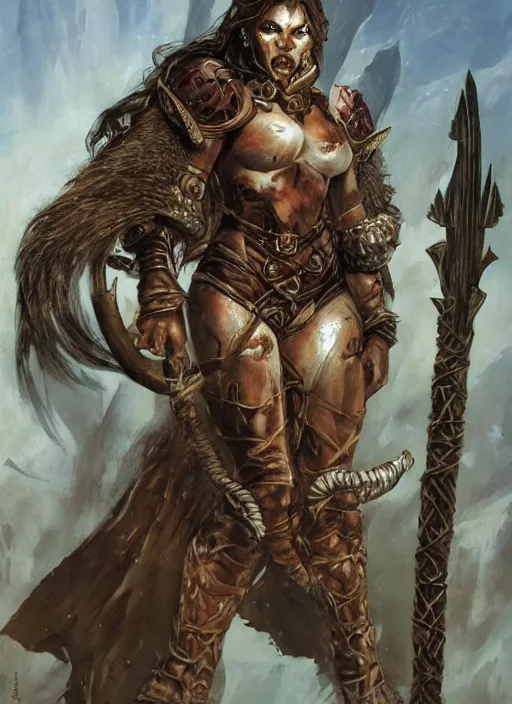 Prompt: a concept art painting of an furious female half - orc warrior wearing medieval brown leather armor, art by karol bak and mark brooks and argerm, centered