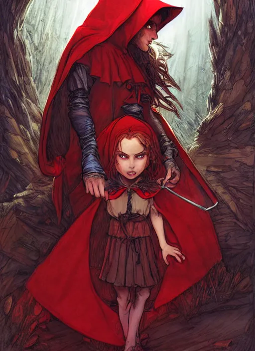 Image similar to digital _ picture _ little red riding hood and the wolf _ red cloak _ wonderful eyes _ philippe _ poles _ and _ justin _ gerard _ symmetrical _ fantasy _ very _ detailed _ realistic _ complex _ clear focus