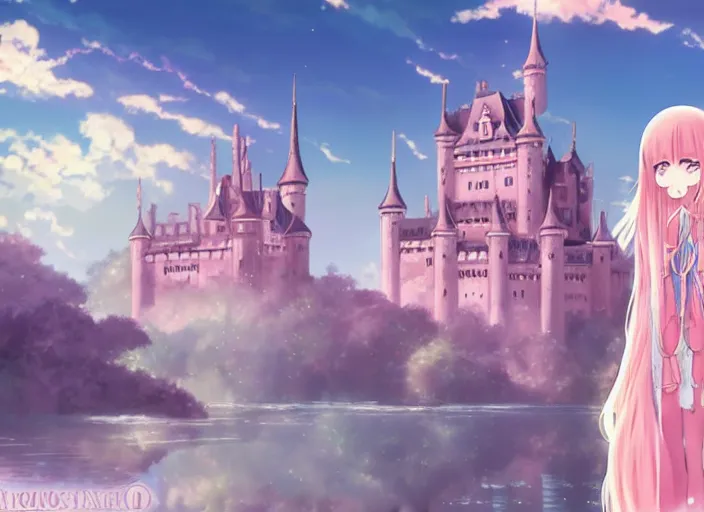 Image similar to stunning anime girl, animated, pastel colors, muted colors, fantasy art, castle in the background