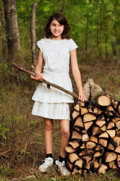 Image similar to a middle-school girl with unkempt wavy short brown hair wearing a white dress and holding a bundle of firewood, high resolution film still, 8k, HDR color, short hair