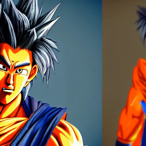 Image similar to photorealistic human goku, goku as an asian man, goku in real life, spiky hair, orange gi, human goku, photography, cinematic