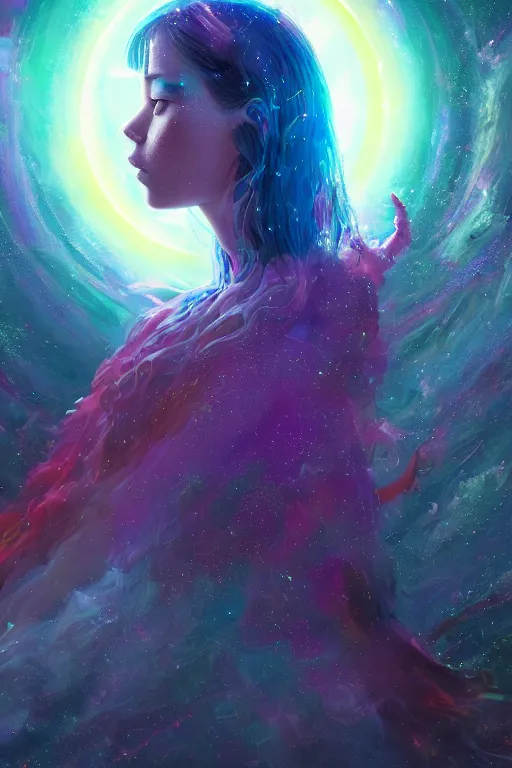 Image similar to a fancy portrait of young celestial child in a colourful portal to another dimension by greg rutkowski, sung choi, mitchell mohrhauser, maciej kuciara, johnson ting, maxim verehin, peter konig, bloodborne, 8 k photorealistic, cinematic lighting, hd, high details, dramatic, dark atmosphere, trending on artstation