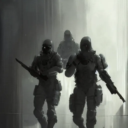 Prompt: concept art by greg rutkowski, soldiers wearing futuristic white and black tactical gear, preparing for combat, brutalist futuristic interior, dim lighting, detailed portraits, nostalgic atmosphere, scifi, digital painting, artstation, concept art, smooth, sharp foccus ilustration, artstation hq