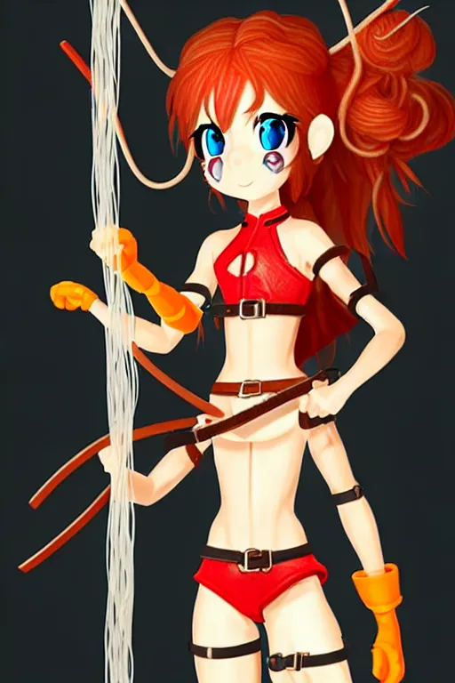 Image similar to A cute spaghetti-girl thief protagonist with leather-strap-armor and ninja weapons is exploring the tenth reality. A highly detailed fantasy character in the style of a McDonald's Burger