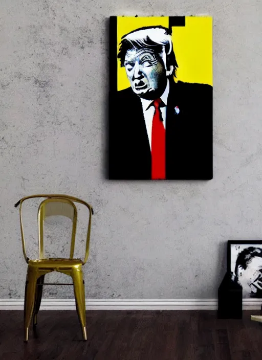 Prompt: banksy donald trump the wolf of wall street art on canvas