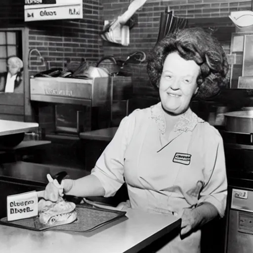 Prompt: photo of julia child working at burger king